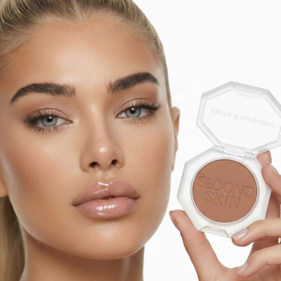 Woman holding a compact powder with 'Second Skin' branding